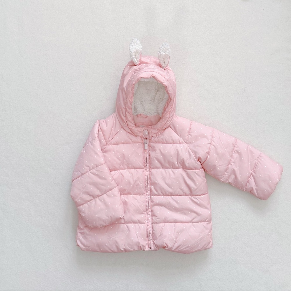Baby Gap Toddler Girl Pink White Polka Dot Puffer Jacket Ears Fleece Hood 18-24M